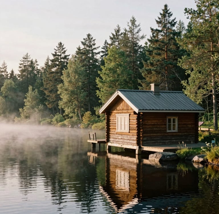 A rustic wooden cabin beside a glassy Finnish lake at golden hour, soft mist rising from the water, deep forest green pines framing the shot, 35mm film style.