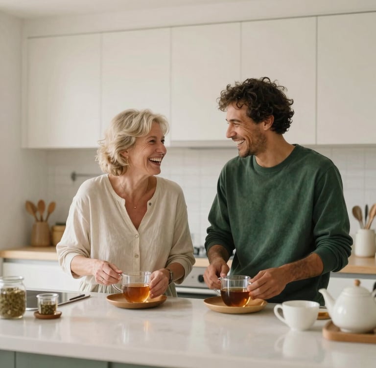 Candid medium-wide shot of two people of different ages laughing while preparing tea in a cozy, modern Scandinavian kitchen, natural overcast daylight, soft cream tones.