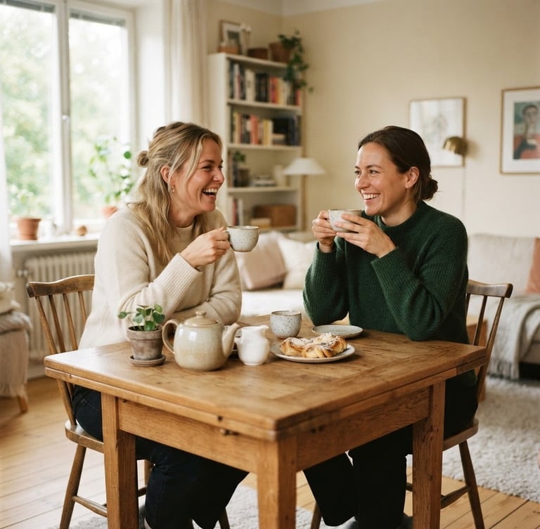 Candid environmental portrait of two people smiling and sharing tea in a sunlit Scandinavian room, warm cream tones, 35mm film style