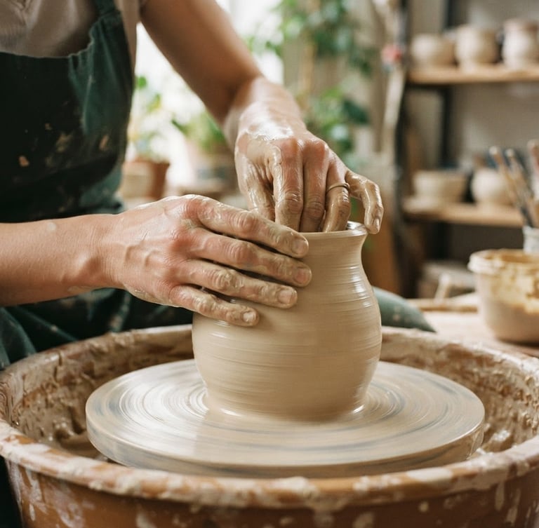 Close-up of hands shaping wet clay on a pottery wheel, soft natural light, warm cream tones, 35mm film style