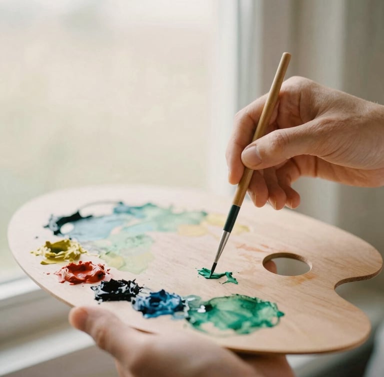 A close-up of hands mixing vibrant watercolor paints on a wooden palette, soft overcast window light, warm editorial style