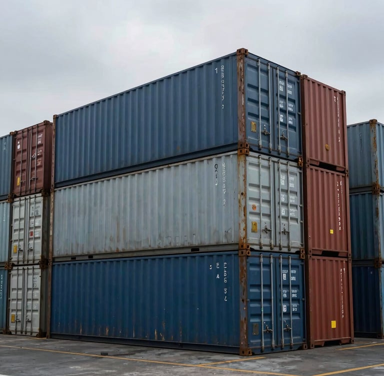 Overcast wide-angle shot of intermodal cargo containers stacked at a deep-water port terminal, cold industrial lighting, sharp metal textures, no people.