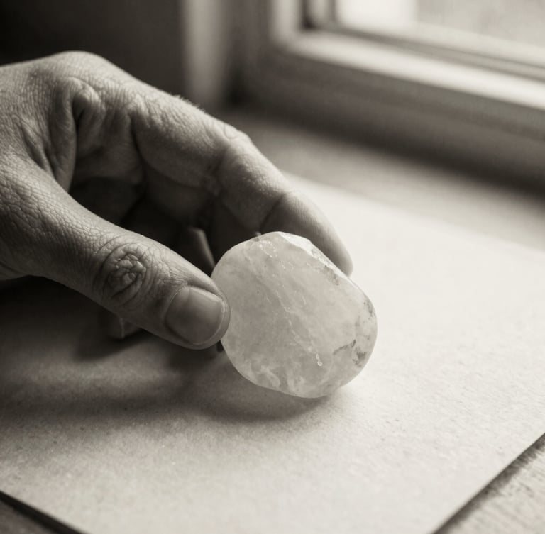 Extreme close-up of hands holding a raw, unpolished white stone over a textured cream paper, soft directional side light, high contrast black and white, 35mm film grain