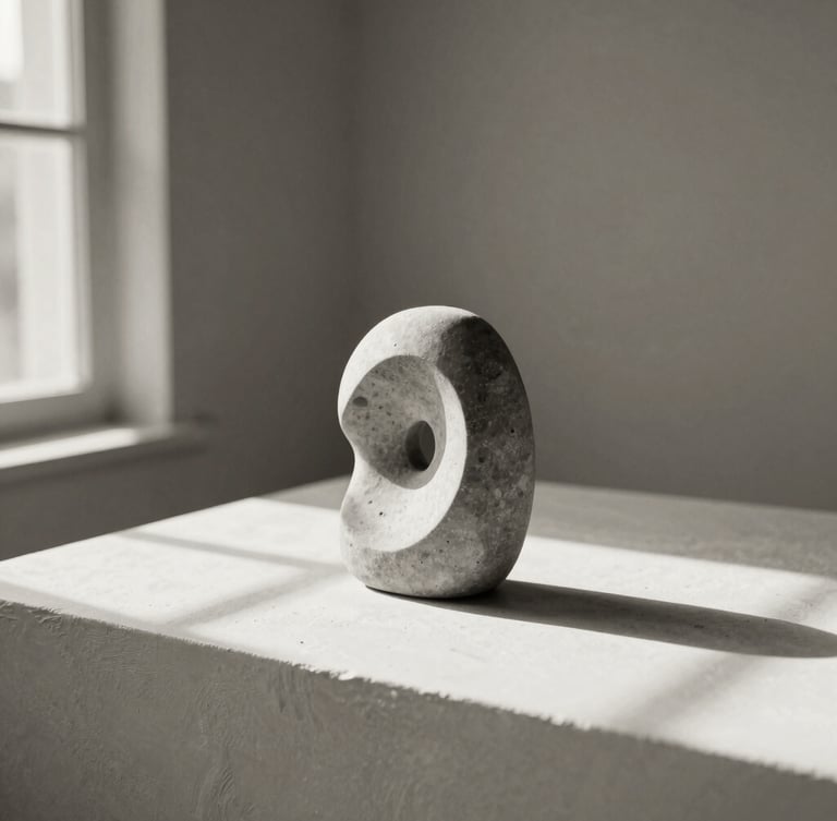 Minimalist abstract stone sculpture resting on a cream plaster surface, soft natural window light casting deep elegant shadows, black and white photography, sepia undertones, high negative space