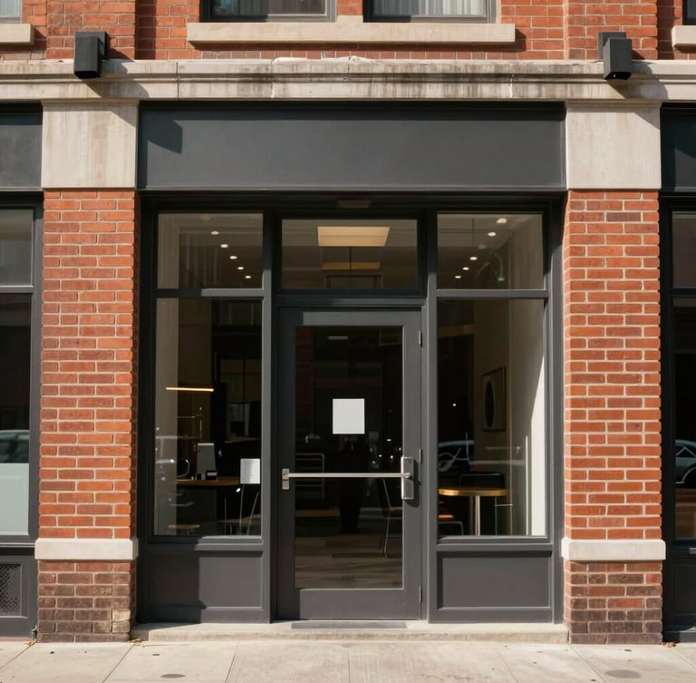 Straight-on architectural photograph of the clean brick storefront at 46 O St NW, bright daytime light, structured and secure entrance
