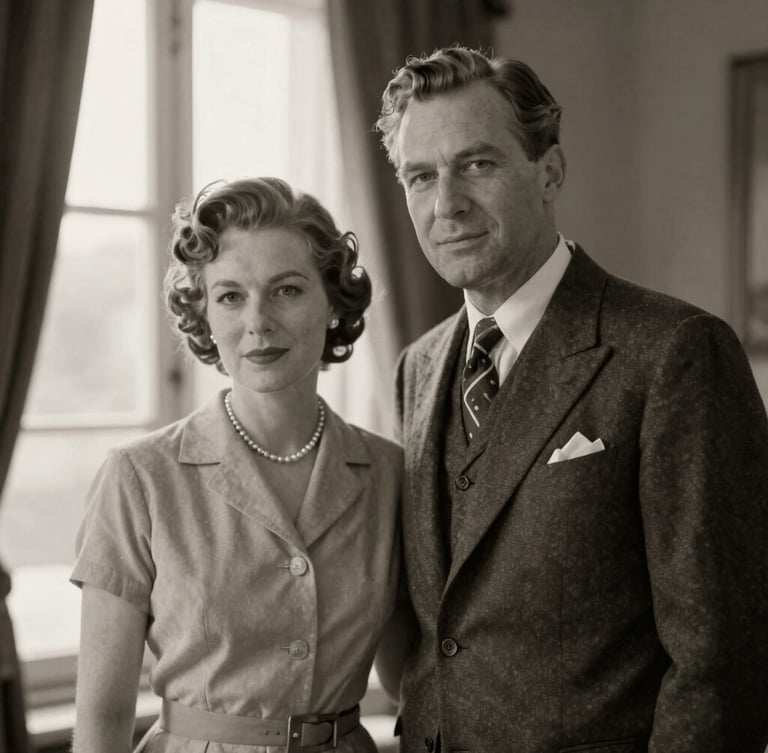 A warm black-and-white archival portrait of a philanthropic couple in mid-century attire, soft natural lighting, elegant historical composition, rich medium format film texture.