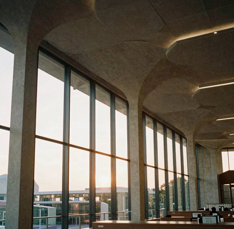 A wide-angle architectural detail of a modern public library with soaring concrete arches and soft golden-hour light filtering through glass, rich textures, warm editorial photography.