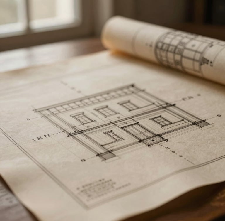 Close-up detail of historic architectural blueprints on warm textured paper, soft natural window light, elegant composition, rich muted sepia tones