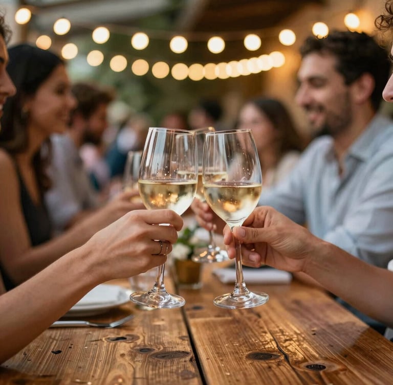 Close-up of hands clinking glasses over a rustic wooden table at an evening networking event, warm ambient string lights overhead, soft background bokeh, 35mm