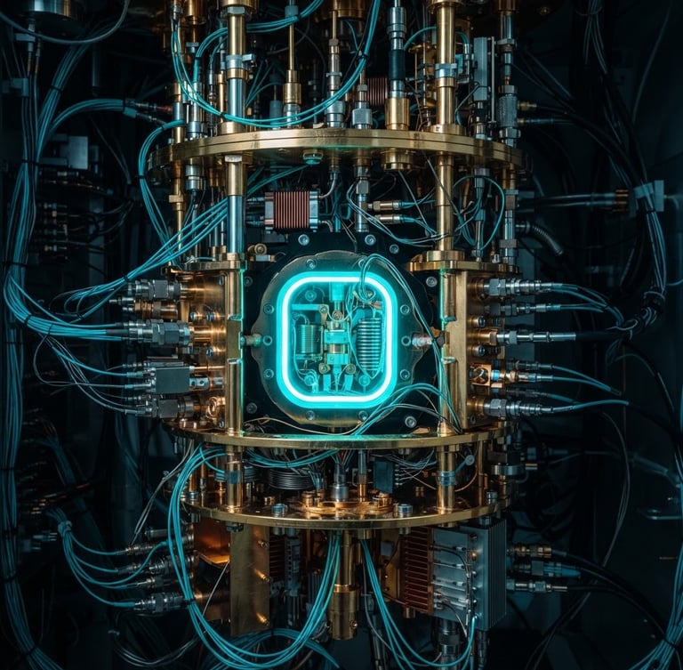 Macro technical photograph of a gold-plated dilution refrigerator component, sharp high-contrast shadows, cool laboratory lighting, neon-cyan internal hardware glow