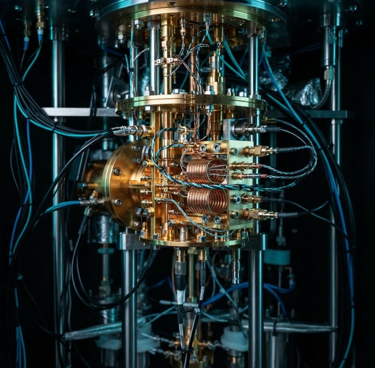 Macro photograph of a gold-plated dilution refrigerator component, sharp technical details, cool laboratory lighting, deep obsidian and neon-cyan tones, high-contrast shadows.