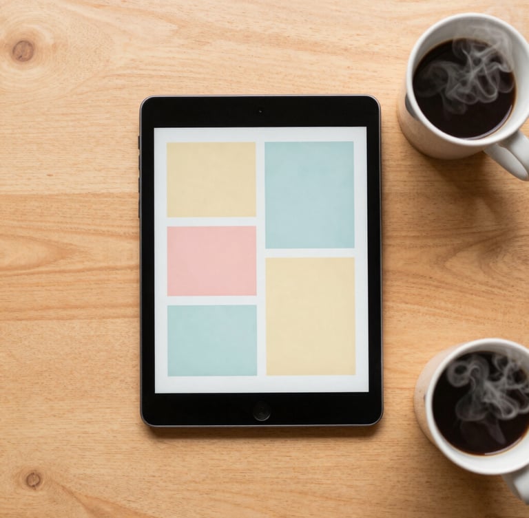 Flat lay overhead shot of a warm wooden desk, a tablet displaying a colorful digital ebook cover with clean geometric shapes, a ceramic coffee cup with steam, soft diffused morning daylight, cozy atmosphere, 35mm lens.