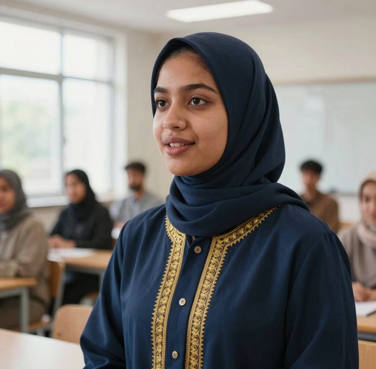 A close-up of a young Muslim leader confidently speaking at a modern community workshop, bright natural daylight, shallow depth of field.
