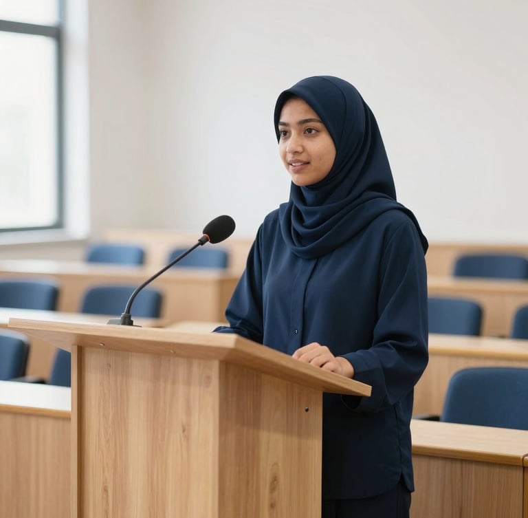 Bright editorial photography, natural daylight, a confident young Muslim teenager speaking at a modern wooden lectern in a clean seminar room, shallow depth of field, navy accents.