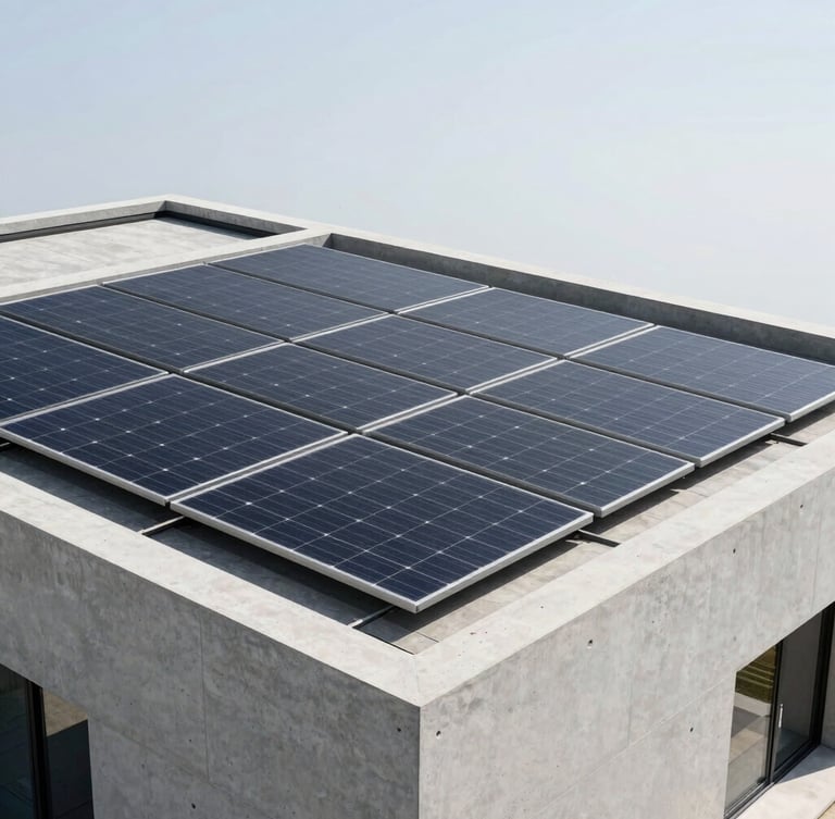 High-angle architectural photograph of a modern minimalist concrete villa roof with perfectly integrated dark monocrystalline solar panels, clean lines, bright daylight, Hasselblad medium format.