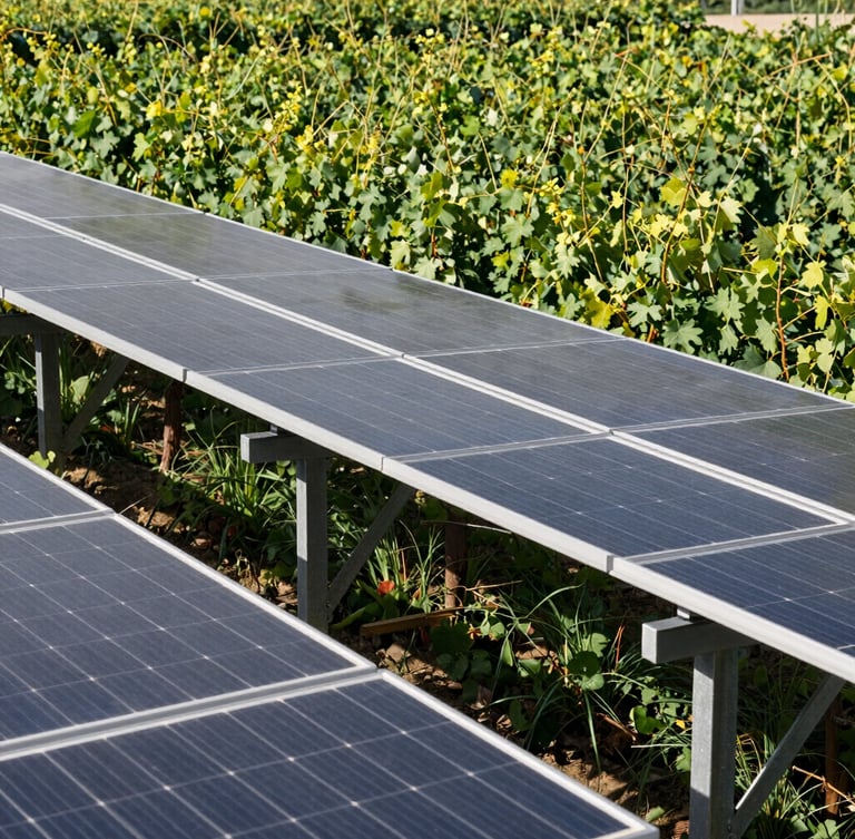 Low angle wide shot of elevated solar panels over lush Italian vineyards, brilliant daylight, clean architectural steel supports, high-contrast, Hasselblad medium format