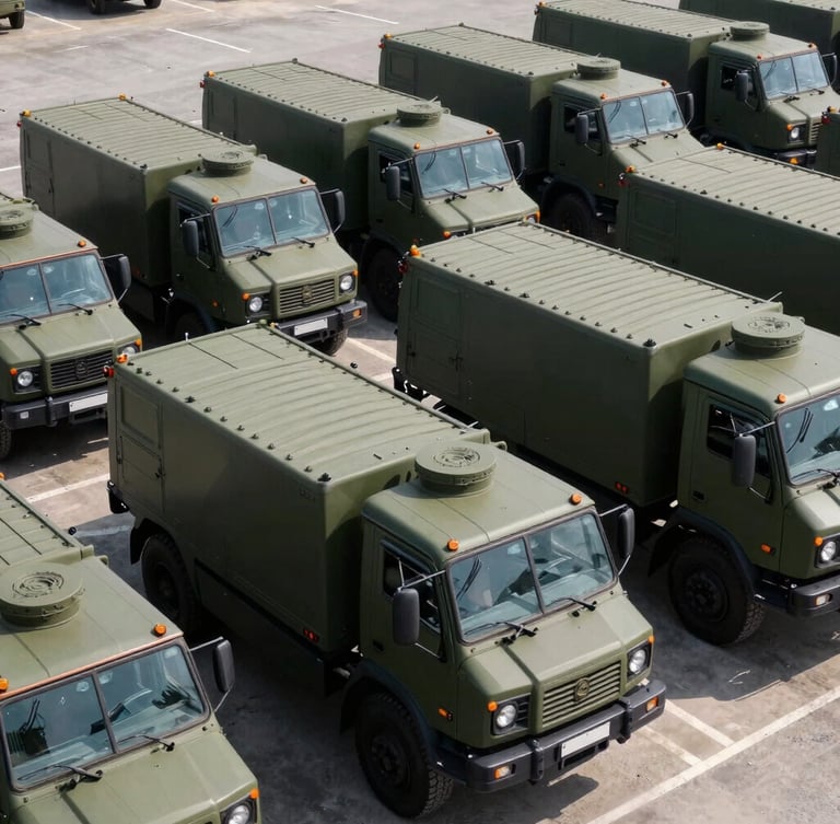 Wide shot of clean, branded military-style logistics vehicles parked in an organized motor pool under crisp daylight, high-contrast industrial tones, sharp focus, 35mm lens.