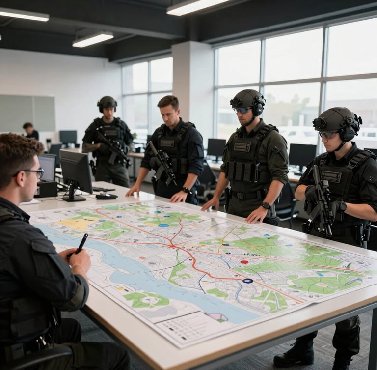 Wide shot of a clean, organized tactical office environment with maps on a large table, professional team members in field-ready gear, crisp natural daylight, high-contrast industrial tones, sharp focus, 35mm lens.