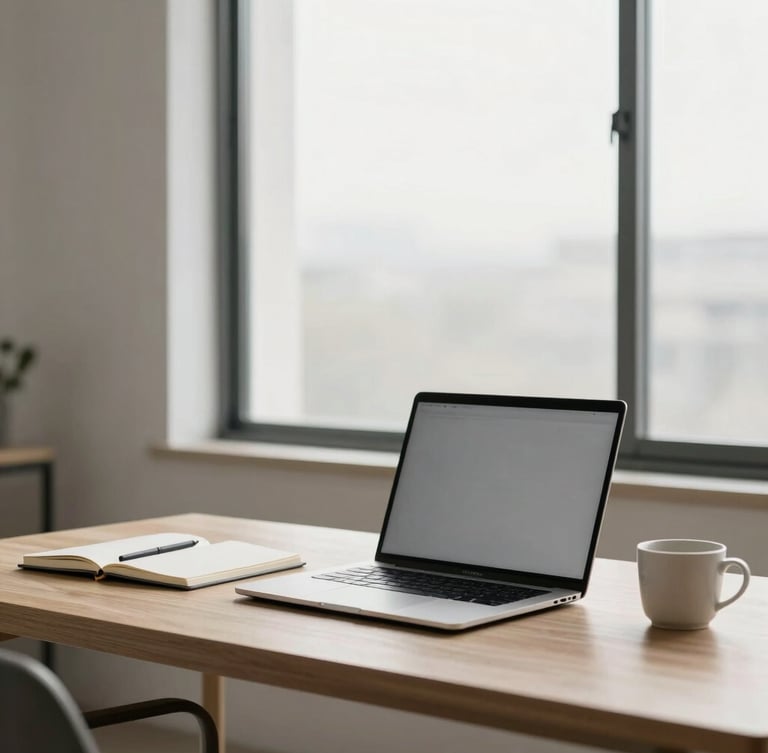 Minimalist corporate photography, a clean wooden desk with a high-end laptop, a notebook, and a ceramic cup, soft natural architectural daylight through a large window, warm silver tones, medium format.