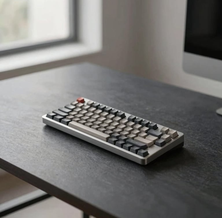 Minimalist modern remote workspace with a high-end mechanical keyboard on a dark slate desk, soft diffused daylight, premium corporate editorial style, medium format