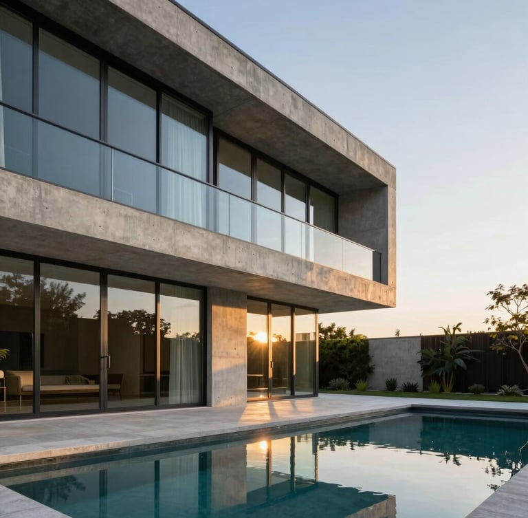Architectural portrait of a modern concrete and glass residential villa at golden hour, clean geometric lines, warm light reflecting off a quiet pool.