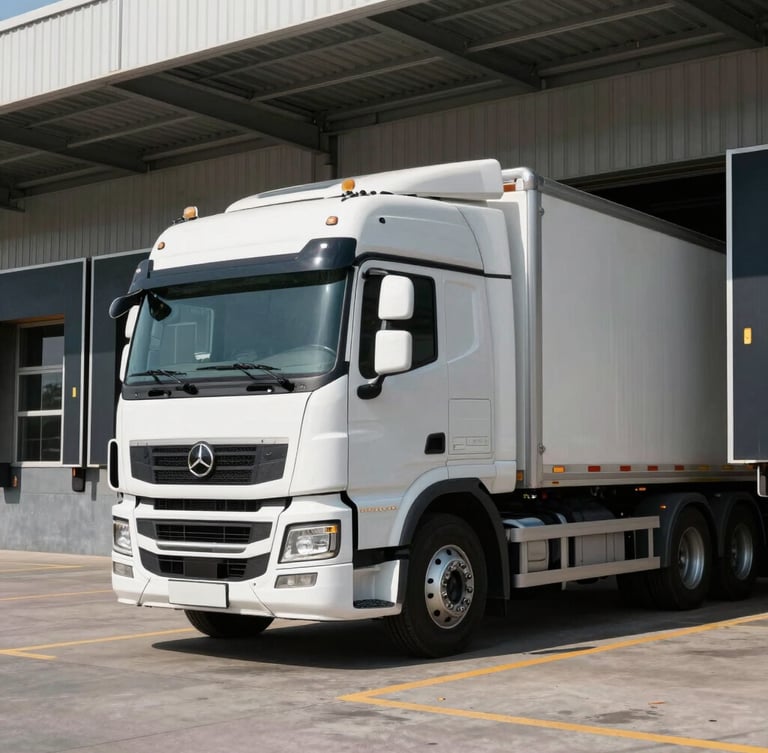 Crisp daylight shot of a modern commercial transport truck parked at a clean geometric loading dock, sharp architectural lines, metallic steel details.