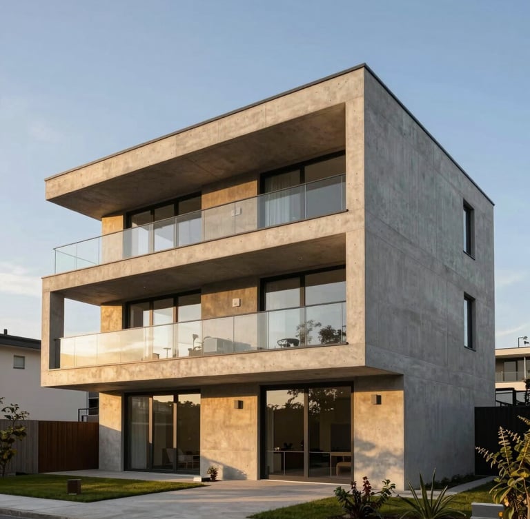 Golden hour architectural photograph of a modern concrete and glass residential villa, emphasizing clean geometric lines and premium materials.