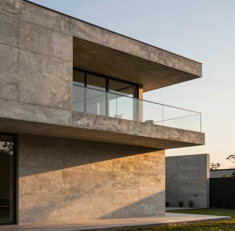 Minimalist architectural detail of a modern concrete and sandstone villa, sharp geometric lines, warm golden hour sunlight casting dramatic diagonal shadows.