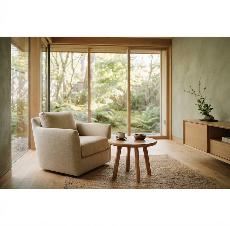 Wide panoramic shot of a serene, minimalist consultation room bathed in soft natural light, a comfortable chair and a small, uncluttered wooden table, soft sage green accents, high-end spa aesthetic, no people, shallow depth of field, 35mm