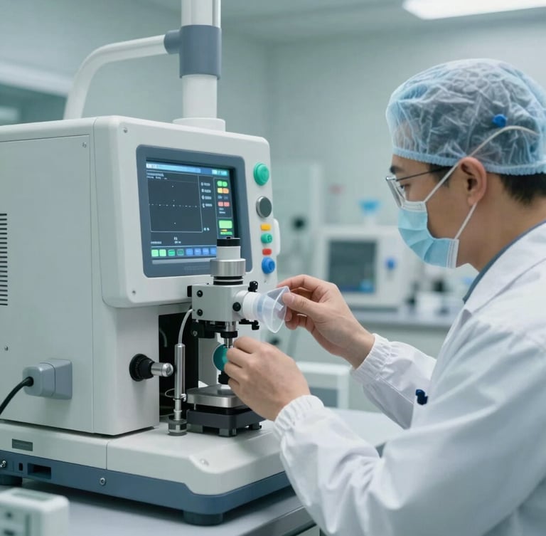 Certified biomedical engineer in cleanroom attire performing precise calibration on a modern hospital ventilator, cool-toned bright LED lighting, focus on hands and technical interface.