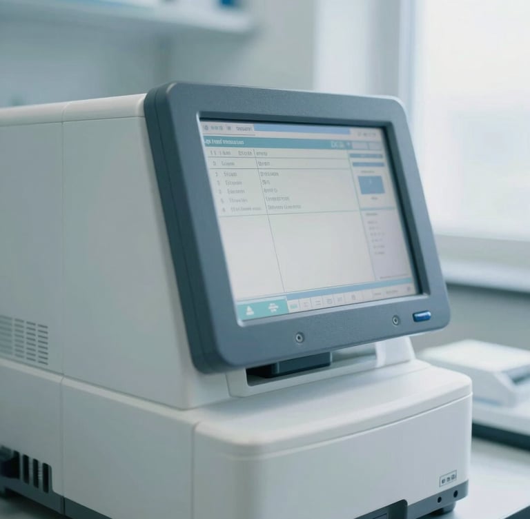 Cool-toned, bright clinical laboratory environment, macro close-up of a high-end medical analyzer screen showing technical data, sterile surgical white background, natural north-facing daylight style.