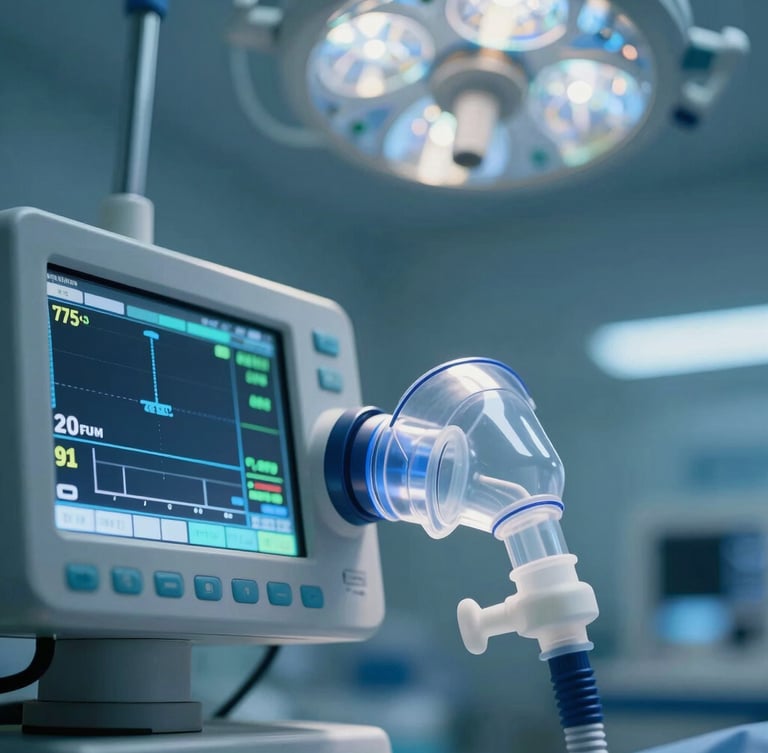 Macro close-up of a modern clinical ventilator interface, crisp LED screen displaying telemetry data, cool blue surgical lighting, sterile hospital environment background.