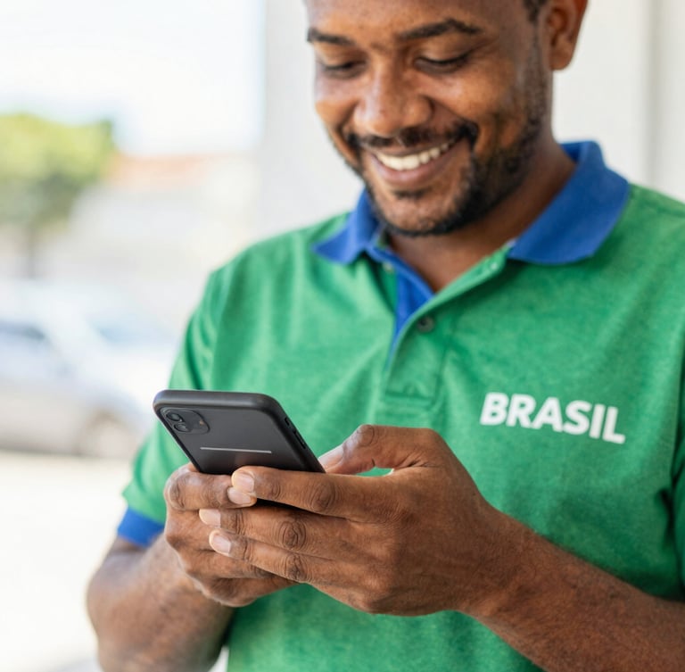 Close-up of a Brazilian worker smiling warmly while looking at a clean banking app interface on their smartphone, bright natural daylight, soft green and blue tones, 35mm lens