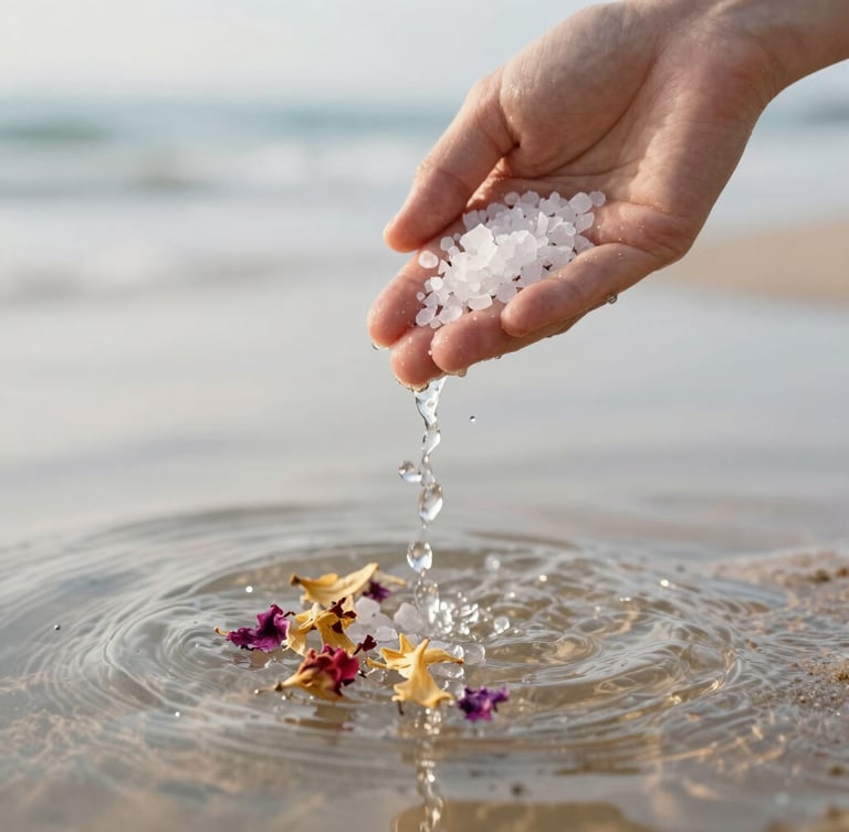 Close-up of hands pouring sea salt and dried flower petals into clear water, soft morning coastal light, tactile water ripples, shallow depth of field.