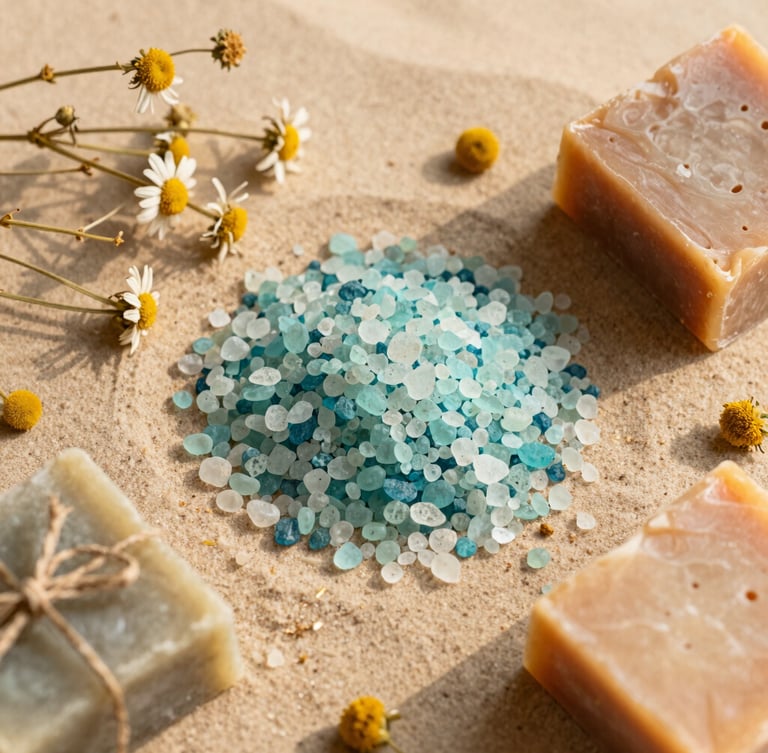 Beautiful overhead flat lay of natural sea salts, dried chamomile flowers, and handmade soap bars on a soft sandy background, warm golden hour shadows