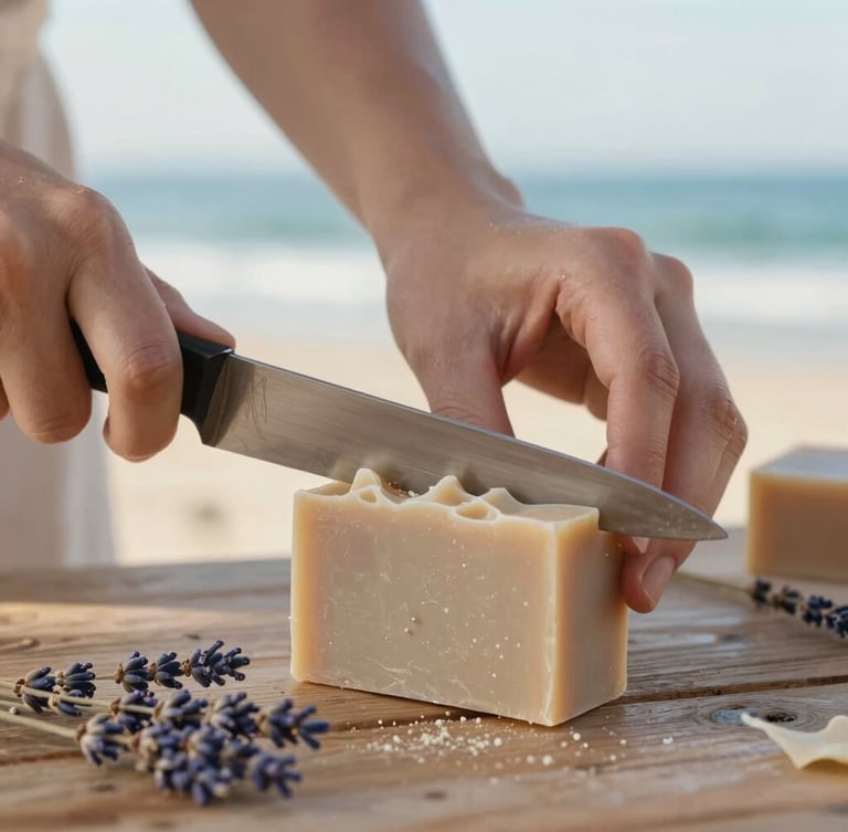 Close-up of hands cutting handmade soap on a rustic wooden table with dried lavender, soft morning coastal light, shallow depth of field