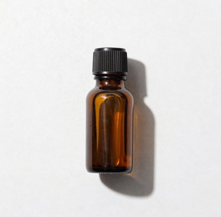Macro overhead flat lay of a single amber glass bottle on a clean white laboratory stone surface, bright clinical high-key studio light, sharp defined shadows, 50mm lens