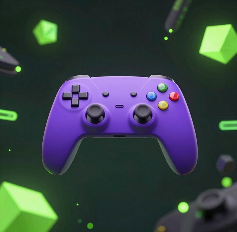 High-fidelity 3D render of a neon purple game controller floating in a dark digital space with glowing lime green geometric particles, shallow depth of field