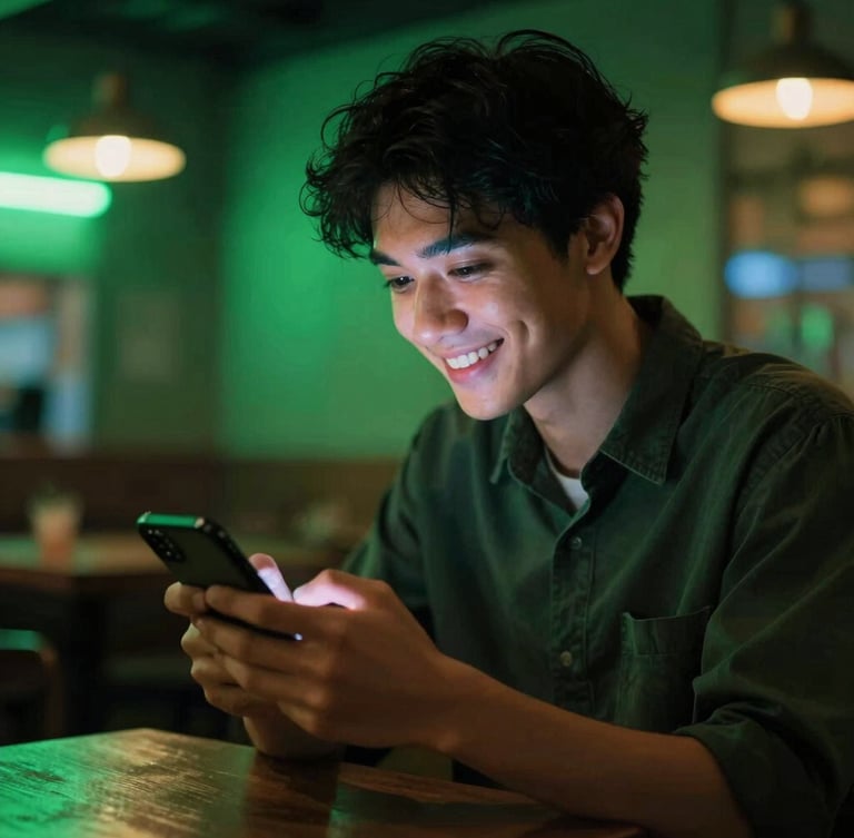 A vertical portrait of a young man smiling naturally while looking at his glowing phone screen in a moody, low-light cafe, dramatic neon green ambient lighting, rich saturated tones, shallow depth of field