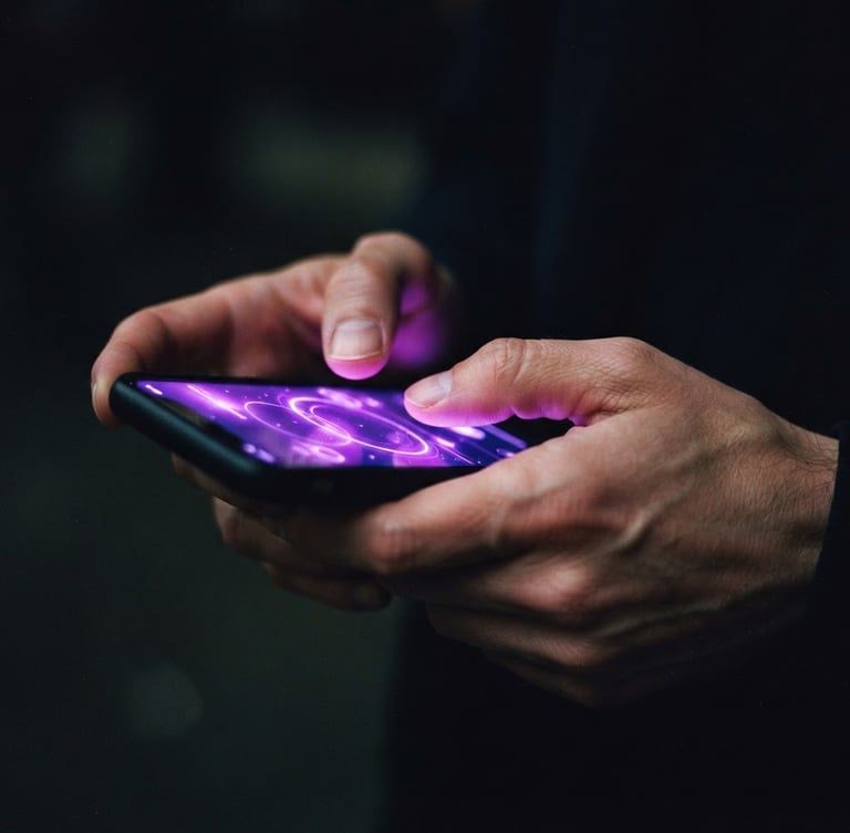 Extreme close-up of hands holding a smartphone with a glowing neon violet interface, dramatic screen-glow on fingers, dark moody background, 35mm