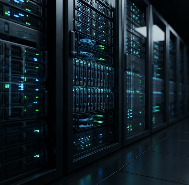 Sleek 3d render of clean server racks in a dark obsidian data center, glowing electric blue and neon green LED lights, macro perspective, octane render