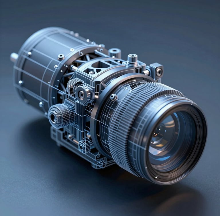 Macro close-up of a high-fidelity 3D rendered mechanical assembly, cool blue studio lighting, sharp shadows, technical wireframe overlays, high contrast