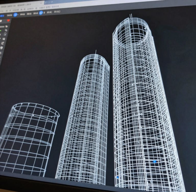 Macro crop of a calibrated high-resolution display showing architectural wireframes, crisp white lines on dark gray background, cool blue active UI highlights