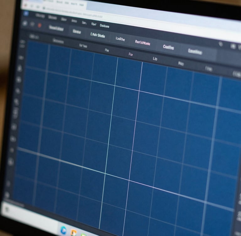 Macro crop of a finished user interface on a high-resolution display, showing dense grid lines, active blueprint-blue states, and clean typography.