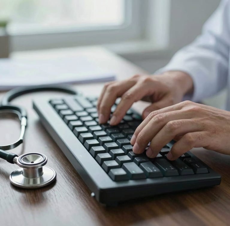 Macro close-up of a clinician's hands typing on a mechanical keyboard next to a stethoscope on a clean dark wooden desk, soft cool daylight from a window