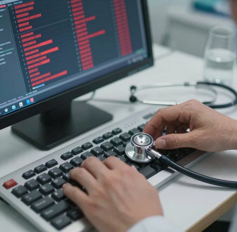 A close-up shot of a clinician's hands on a mechanical keyboard next to a stethoscope, with a high-contrast terminal window showing redacted patient data.