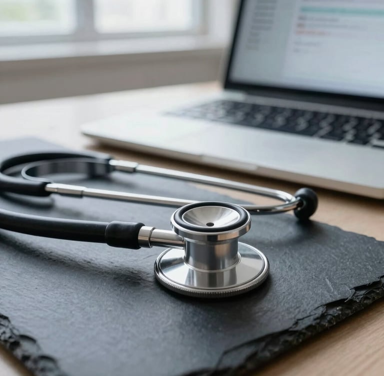 Macro close-up of a stethoscope resting on a dark slate desk next to a modern laptop displaying clean, redacted medical documentation, cool natural window light, clinical authority.