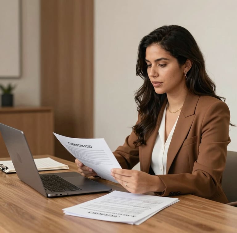 Professional woman in a warm, sunlit workspace, elegant hands holding high-quality stationery, warm soft natural light, golden hour, 35mm