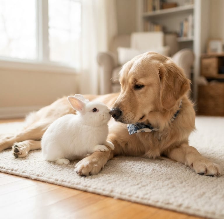 Soft-focus image of a golden retriever and a fluffy white rabbit interacting gently on a clean, light-colored rug in a sunny living room, warm neutral tones, soft diffused window light, eye-level medium shot, shallow depth of field, natural pet photography.