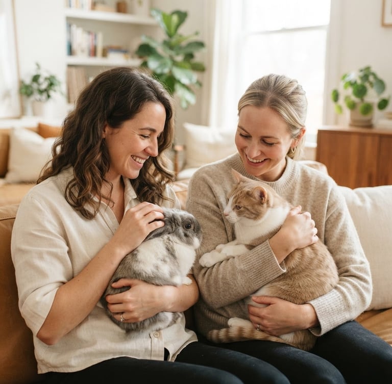 Portrait of two friendly founders smiling, holding a small rabbit and a cat, in a bright, clean home environment with soft diffused window light, warm neutral tones, shallow depth of field. The founders are interacting gently with the pets. The image is framed to bleed to the right edge.